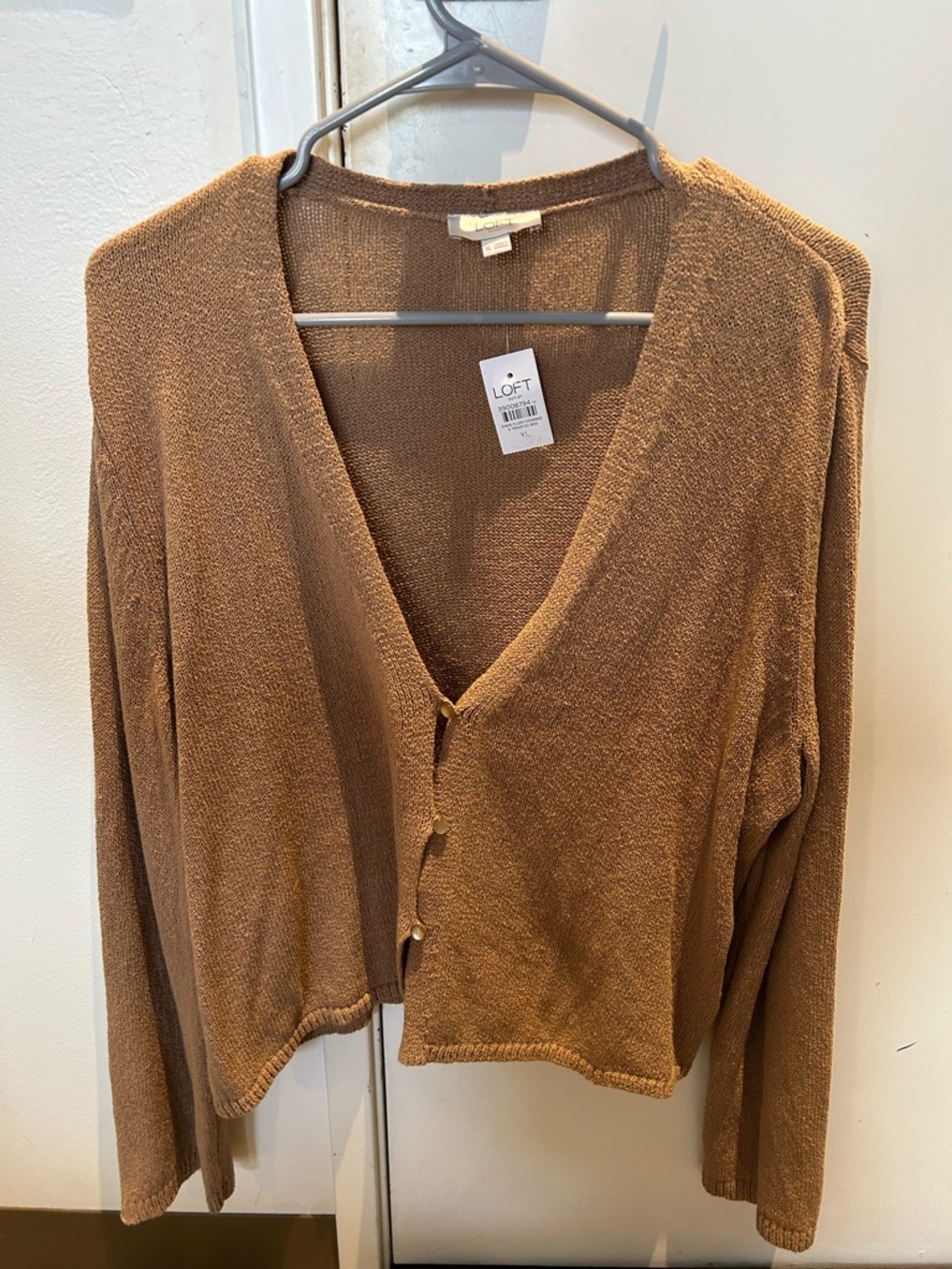 LOFT Caramel Button-Front Cropped Cardigan